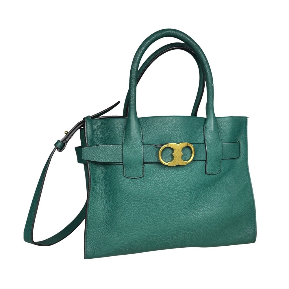 Tory Burch Women Gemini Link Leather Bag Green Satchel Crossbody Purse Preppy